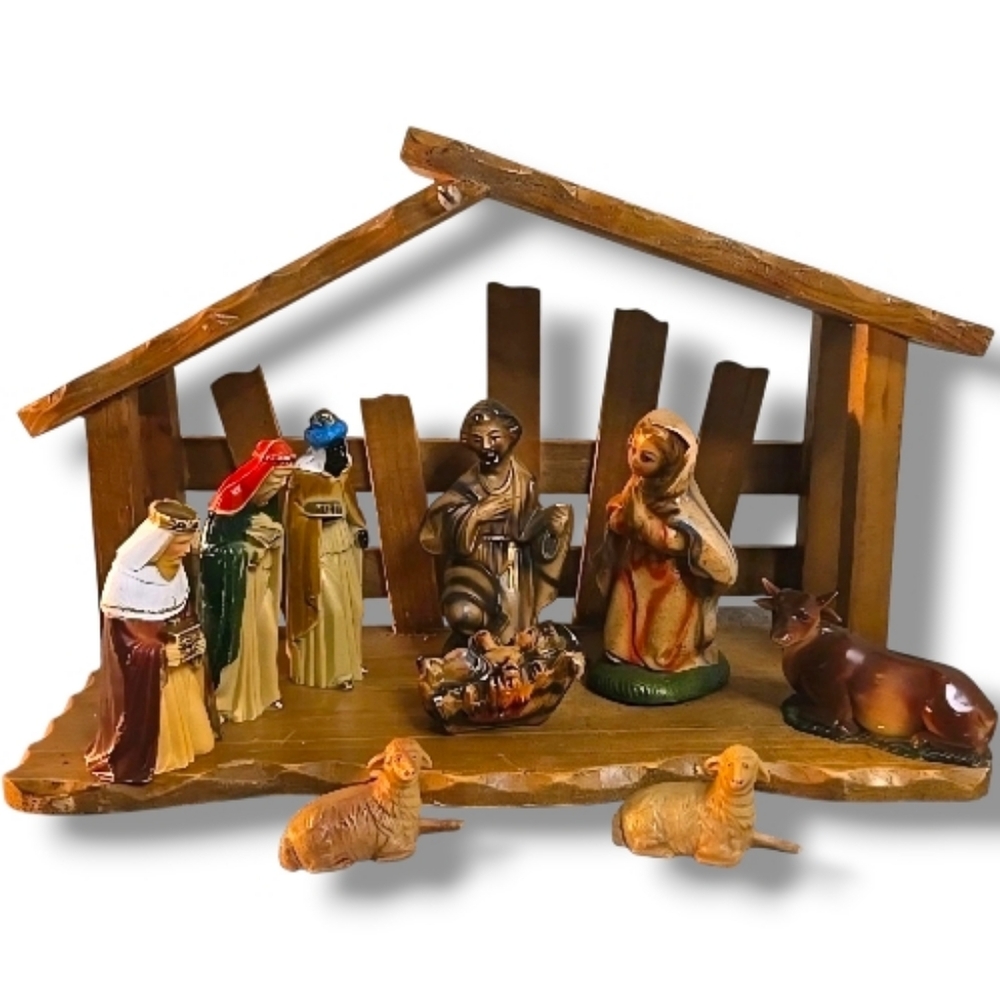 Vintage Nativity Scene Manger Baby Jesus Christmas Set